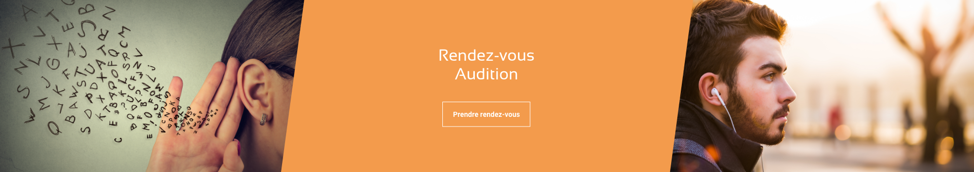 Une femme entend des sons et un homme écoute de la musique. Rendez-vous audition en pharmacie